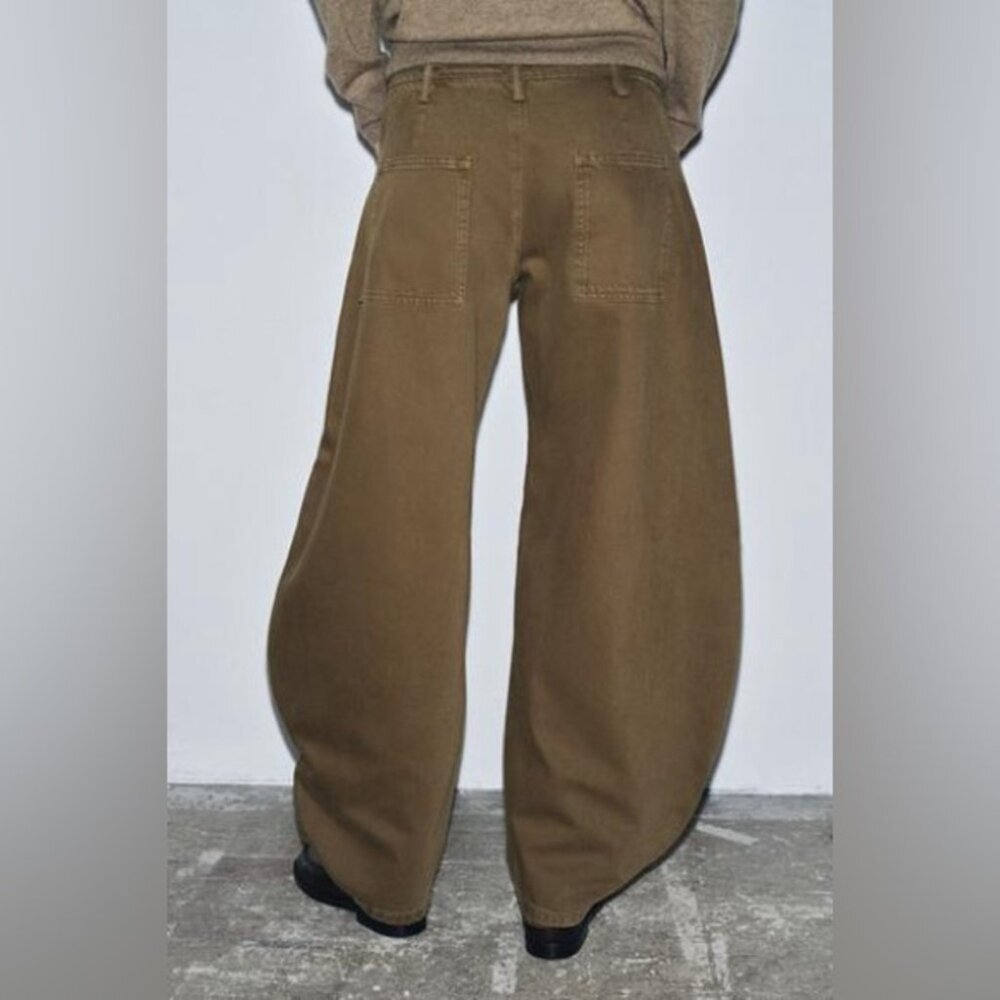 Zara Olive Green Mega Balloon Jeans Size 2 High Rise Barrel Leg Trendy Pants - Picture 1 of 15